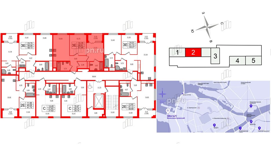 Квартира в ЖК Glorax Василеостровский, 2 комнатная, 57.46 м², 5 этаж