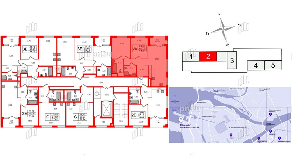 Квартира в ЖК Glorax Василеостровский, 2 комнатная, 63.27 м², 3 этаж