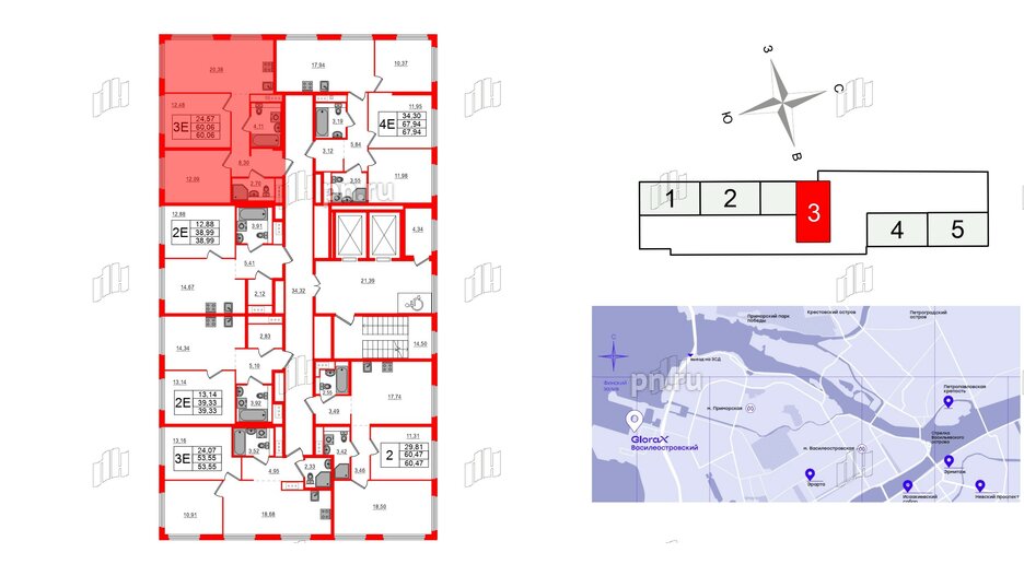 Квартира в ЖК Glorax Василеостровский, 2 комнатная, 60.06 м², 5 этаж