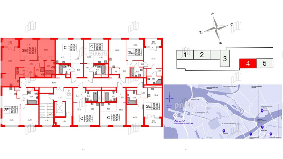 Квартира в ЖК Glorax Василеостровский, 2 комнатная, 63.63 м², 4 этаж