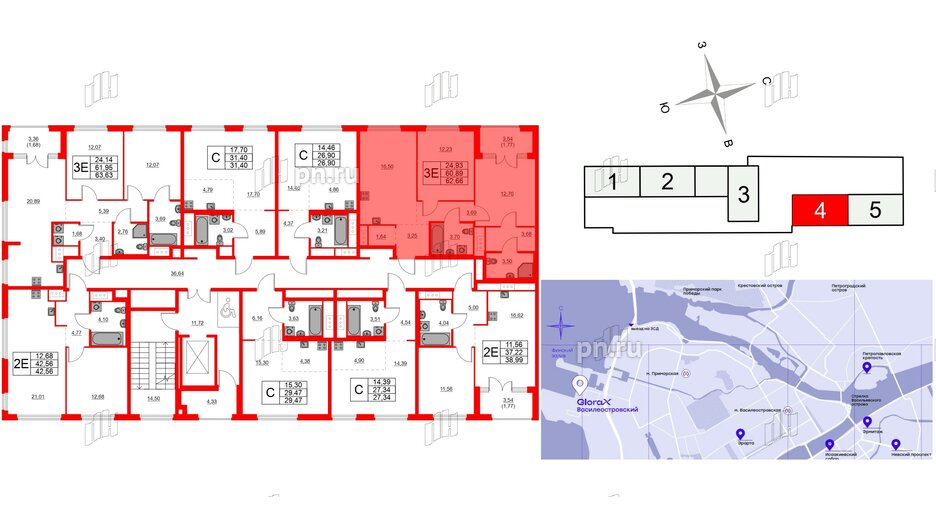 Квартира в ЖК Glorax Василеостровский, 2 комнатная, 62.66 м², 4 этаж