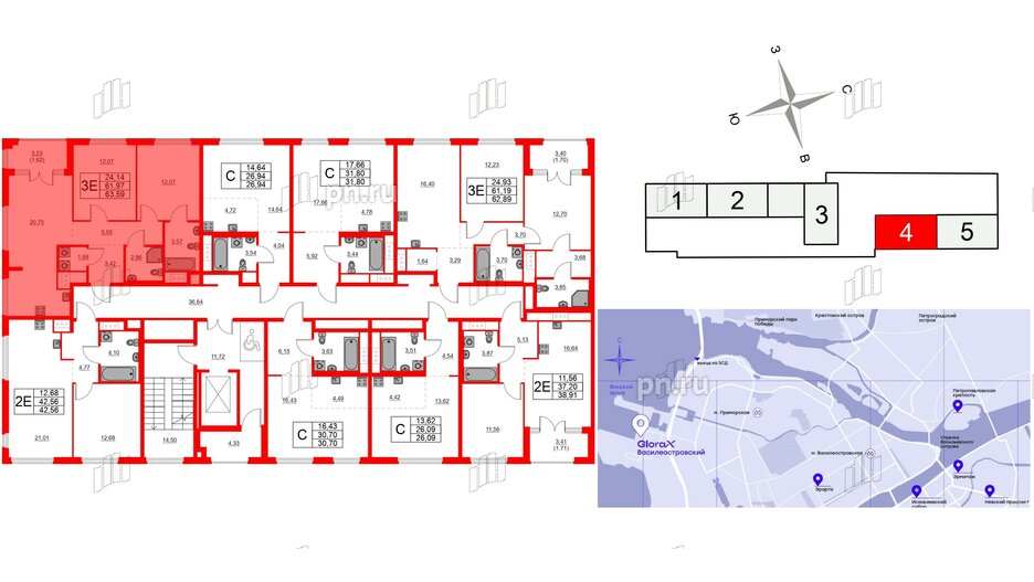 Квартира в ЖК Glorax Василеостровский, 2 комнатная, 63.59 м², 3 этаж