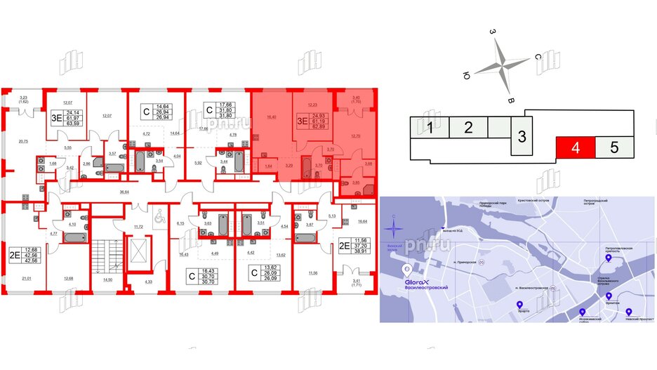 Квартира в ЖК Glorax Василеостровский, 2 комнатная, 62.89 м², 5 этаж