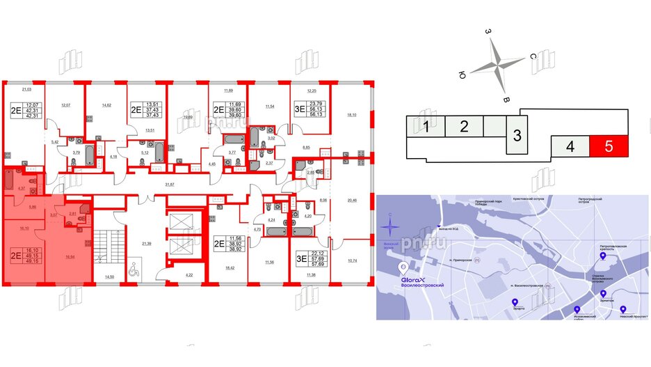 Квартира в ЖК Glorax Василеостровский, 1 комнатная, 49.15 м², 4 этаж