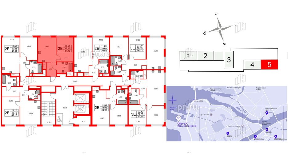 Квартира в ЖК Glorax Василеостровский, 1 комнатная, 37.43 м², 5 этаж