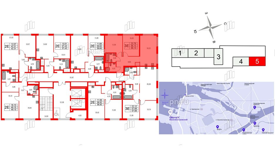 Квартира в ЖК Glorax Василеостровский, 2 комнатная, 56.13 м², 3 этаж