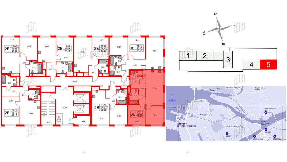 Квартира в ЖК Glorax Василеостровский, 2 комнатная, 57.69 м², 4 этаж