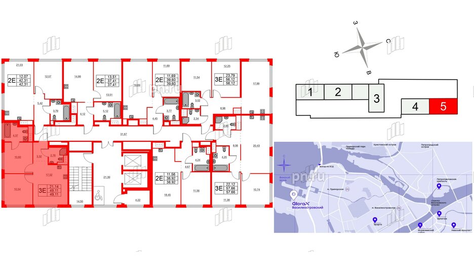 Квартира в ЖК Glorax Василеостровский, 2 комнатная, 49.11 м², 7 этаж