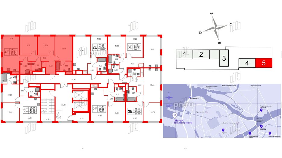 Квартира в ЖК Glorax Василеостровский, 3 комнатная, 79.04 м², 14 этаж