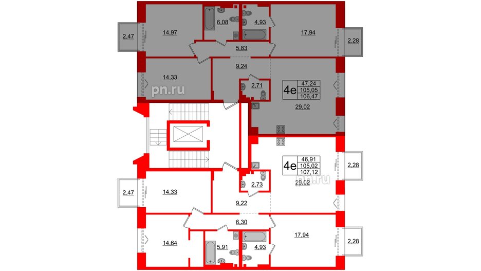 Квартира в ЖК Imperial Club, 3 комнатная, 105.05 м², 5 этаж