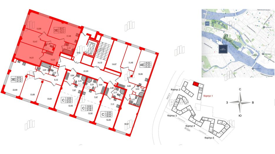 Квартира в ЖК Neva Residence, 3 комнатная, 74.8 м², 4 этаж