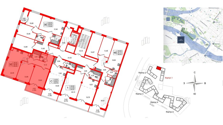 Квартира в ЖК Neva Residence, 2 комнатная, 68.26 м², 7 этаж