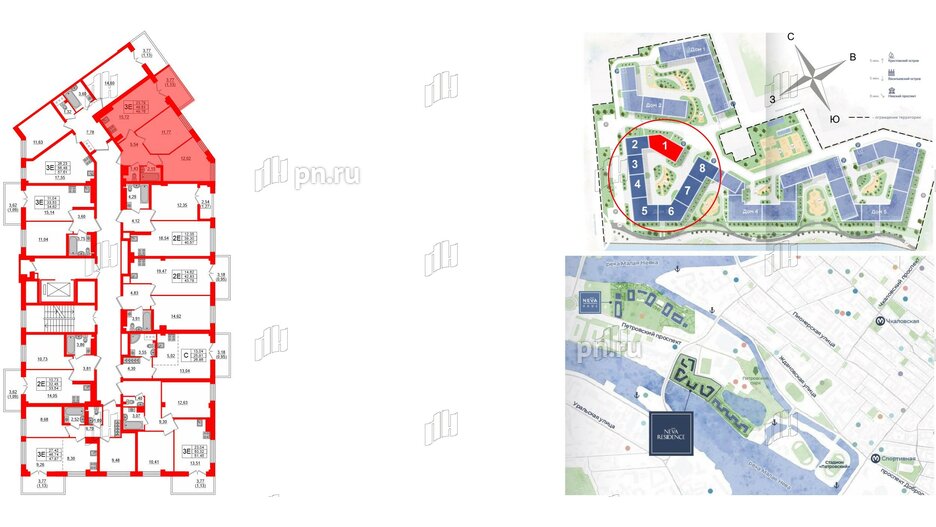 Квартира в ЖК Neva Residence, 2 комнатная, 49.7 м², 7 этаж