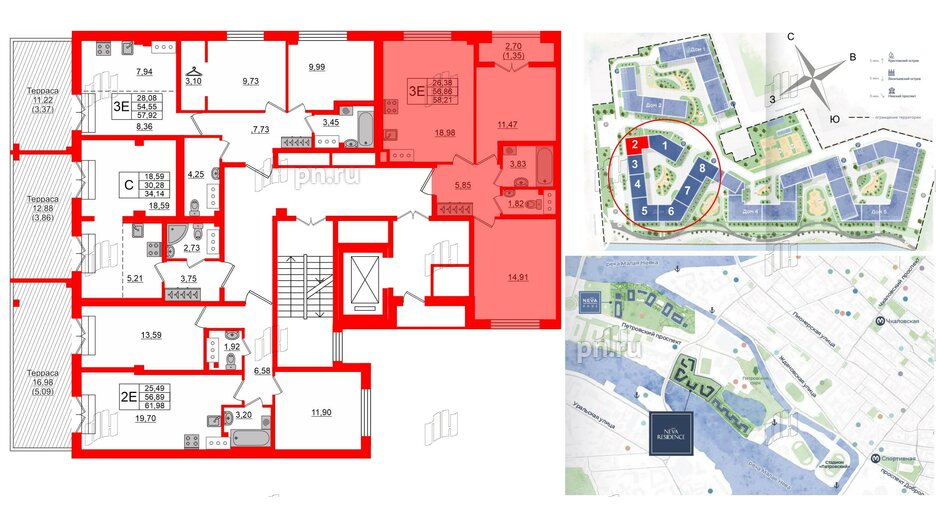 Квартира в ЖК Neva Residence, 2 комнатная, 58.1 м², 7 этаж