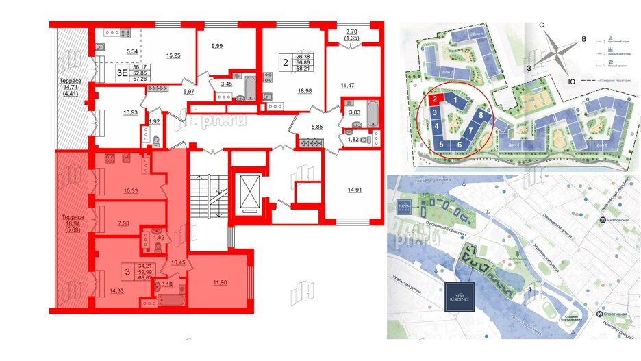 Квартира в ЖК Neva Residence, 3 комнатная, 65.9 м², 8 этаж