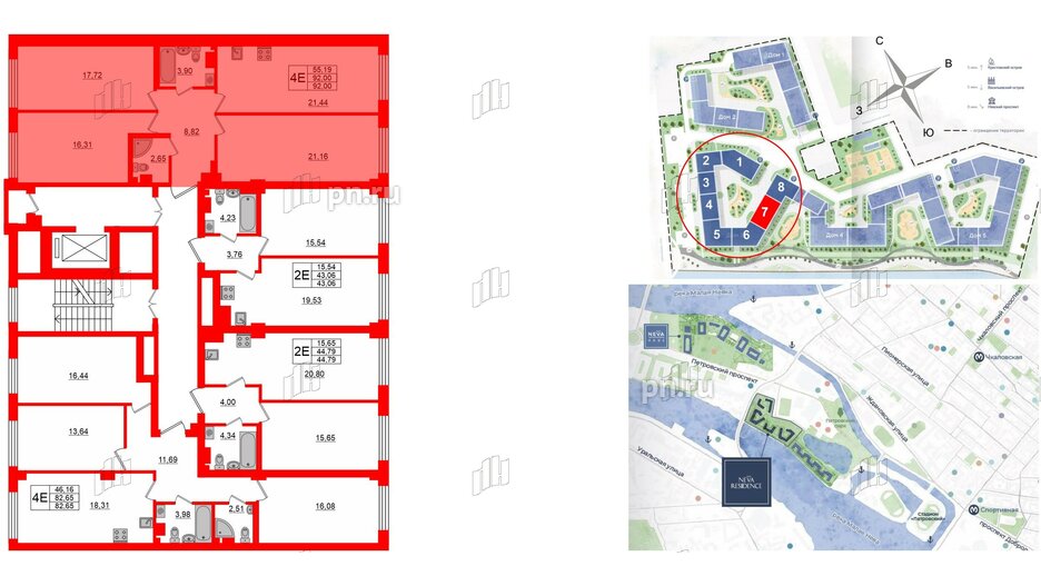 Квартира в ЖК Neva Residence, 3 комнатная, 92.4 м², 3 этаж