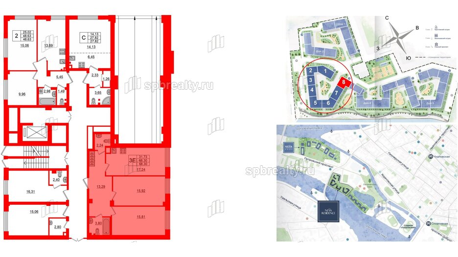 Квартира в ЖК Neva Residence, 2 комнатная, 68.3 м², 1 этаж