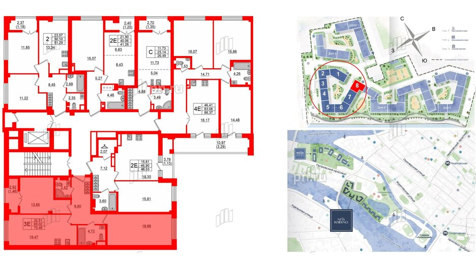 Квартира в ЖК Neva Residence, 2 комнатная, 70.48 м², 5 этаж