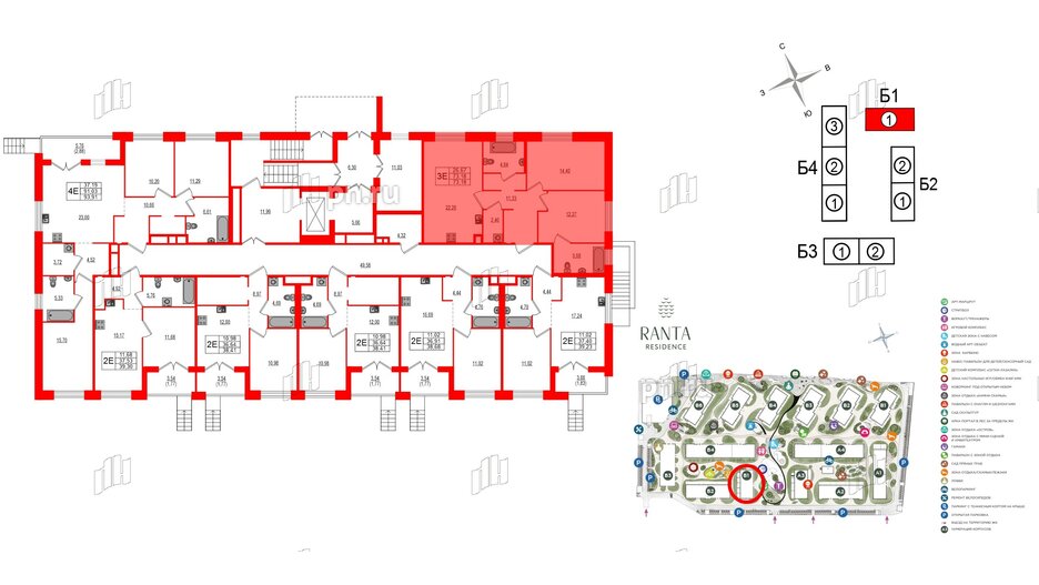 Квартира в ЖК Ranta Residence, 2 комнатная, 73.18 м², 1 этаж