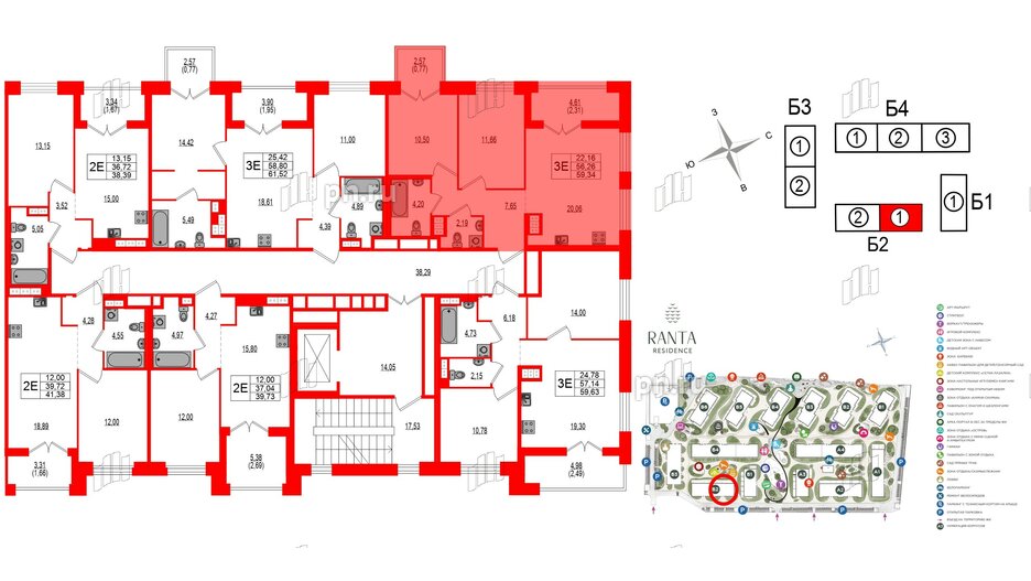 Квартира в ЖК Ranta Residence, 2 комнатная, 59.34 м², 3 этаж