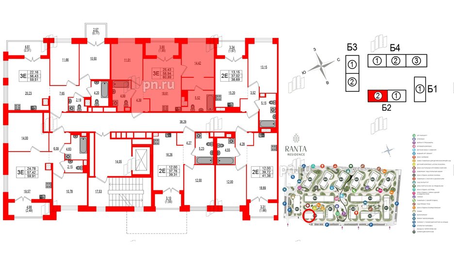 Квартира в ЖК Ranta Residence, 2 комнатная, 60.89 м², 2 этаж