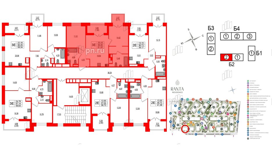 Квартира в ЖК Ranta Residence, 2 комнатная, 61.52 м², 3 этаж