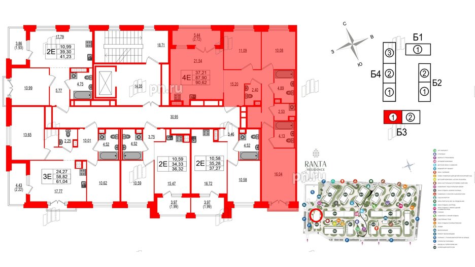 Квартира в ЖК Ranta Residence, 3 комнатная, 90.62 м², 4 этаж