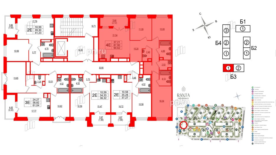 Квартира в ЖК Ranta Residence, 3 комнатная, 90.62 м², 3 этаж