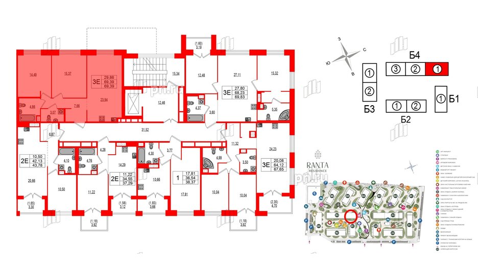 Квартира в ЖК Ranta Residence, 2 комнатная, 69.39 м², 2 этаж