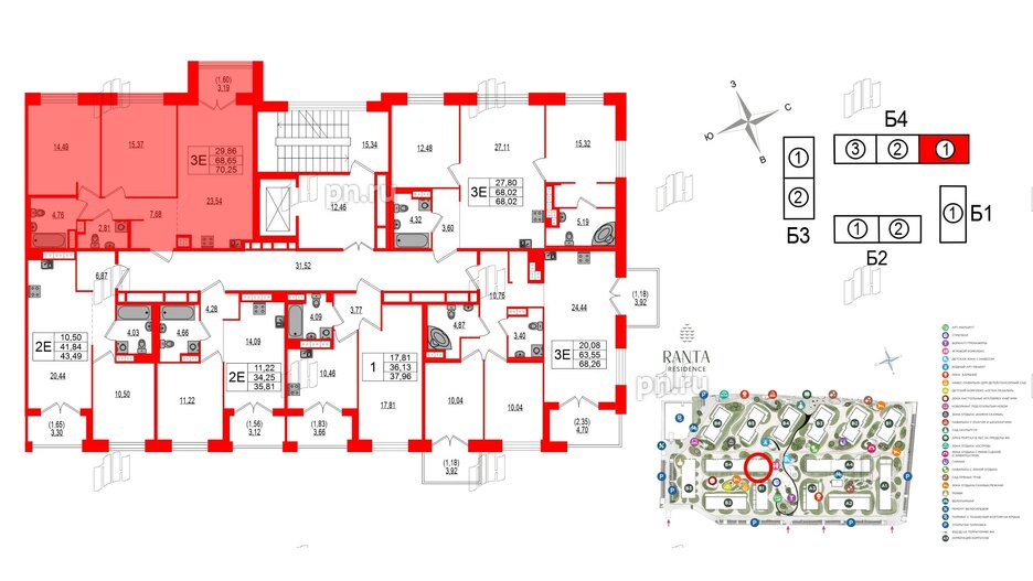 Квартира в ЖК Ranta Residence, 2 комнатная, 70.25 м², 3 этаж