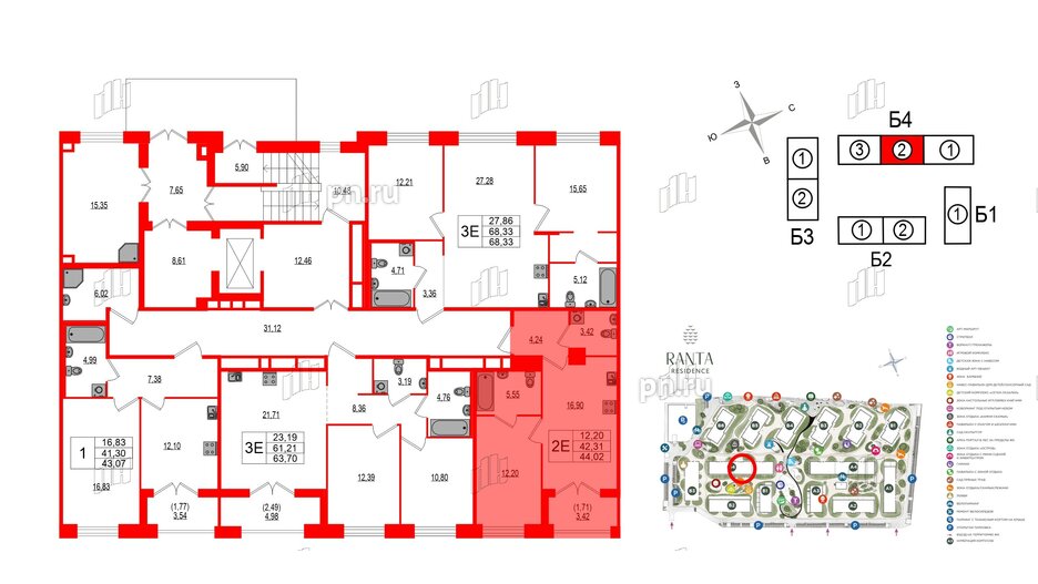 Квартира в ЖК Ranta Residence, 1 комнатная, 44.02 м², 1 этаж