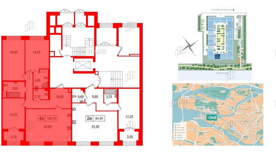 Квартира в ЖК The One, 3 комнатная, 106.7 м², 1 этаж