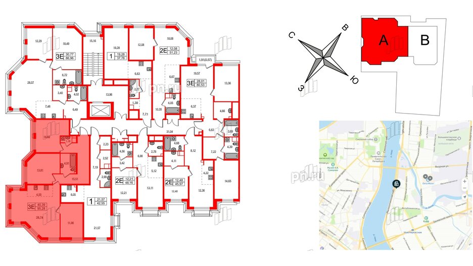 Квартира в ЖК Акцент, 3 комнатная, 94.6 м², 3 этаж