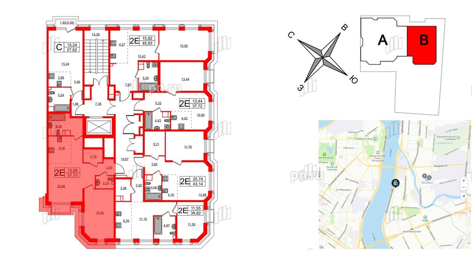 Квартира в ЖК Акцент, 1 комнатная, 57.3 м², 5 этаж