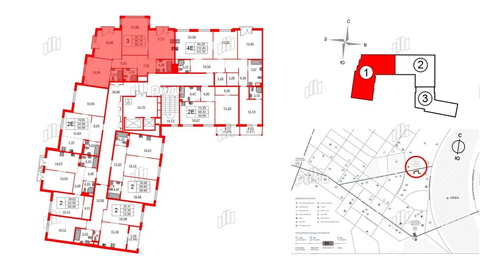 Квартира в ЖК Бакунина 33 ЖК, 3 комнатная, 96.78 м², 3 этаж