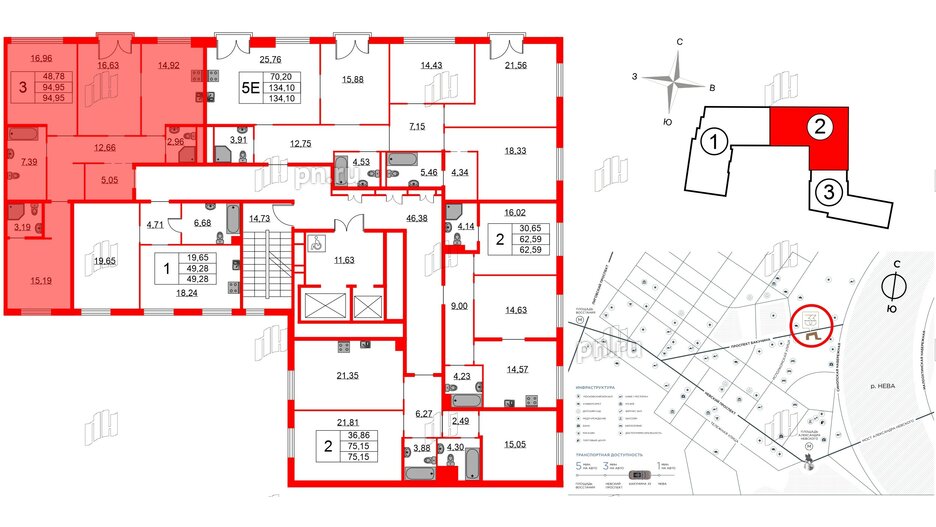 Квартира в ЖК Бакунина 33 ЖК, 3 комнатная, 94.95 м², 2 этаж