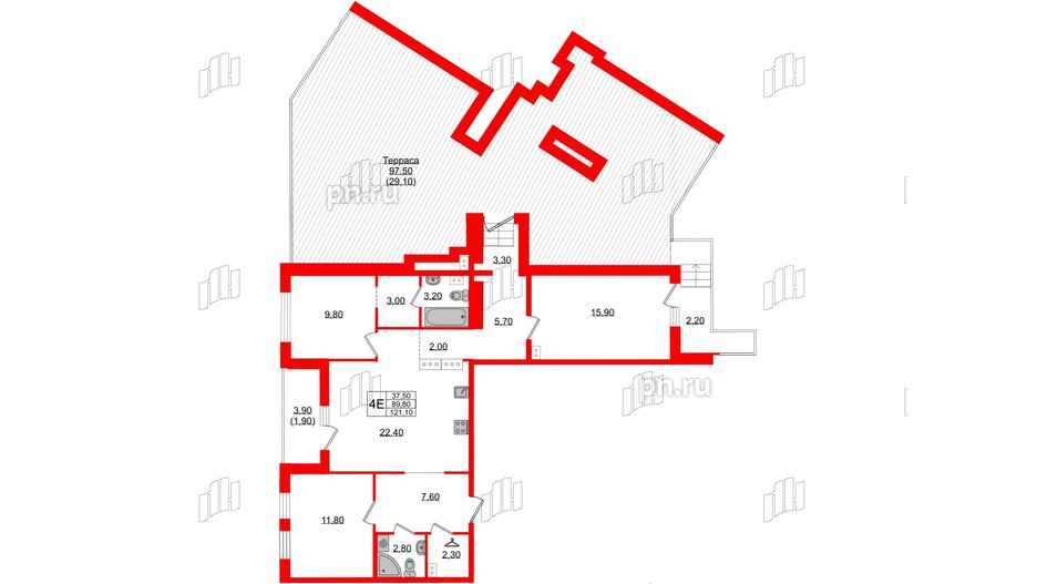 Квартира в ЖК Белый остров, 3 комнатная, 121.1 м², 10 этаж