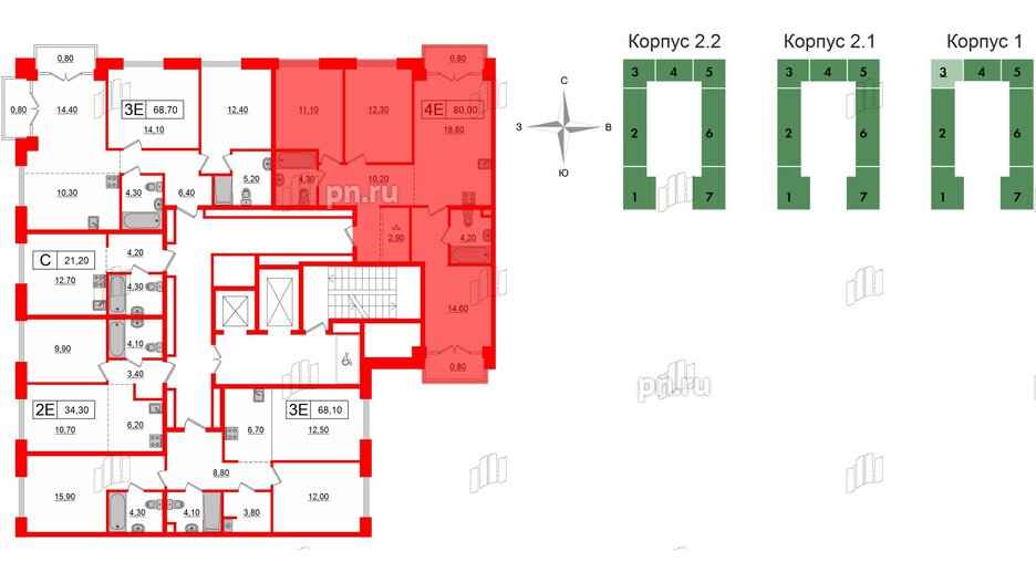 Квартира в ЖК Лермонтовский 54, 3 комнатная, 80 м², 6 этаж