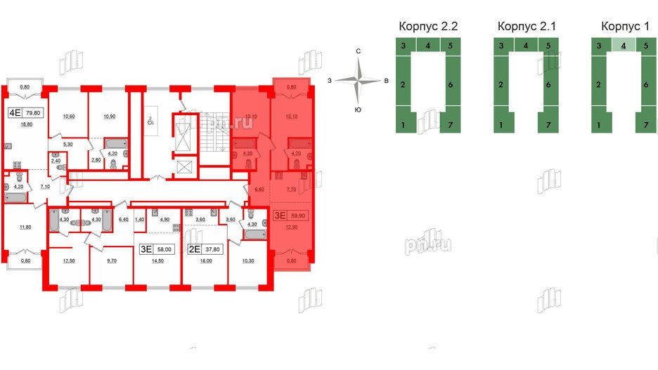 Квартира в ЖК Лермонтовский 54, 2 комнатная, 59.9 м², 6 этаж