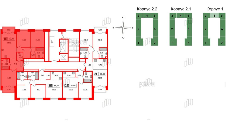 Квартира в ЖК Лермонтовский 54, 3 комнатная, 79.8 м², 6 этаж