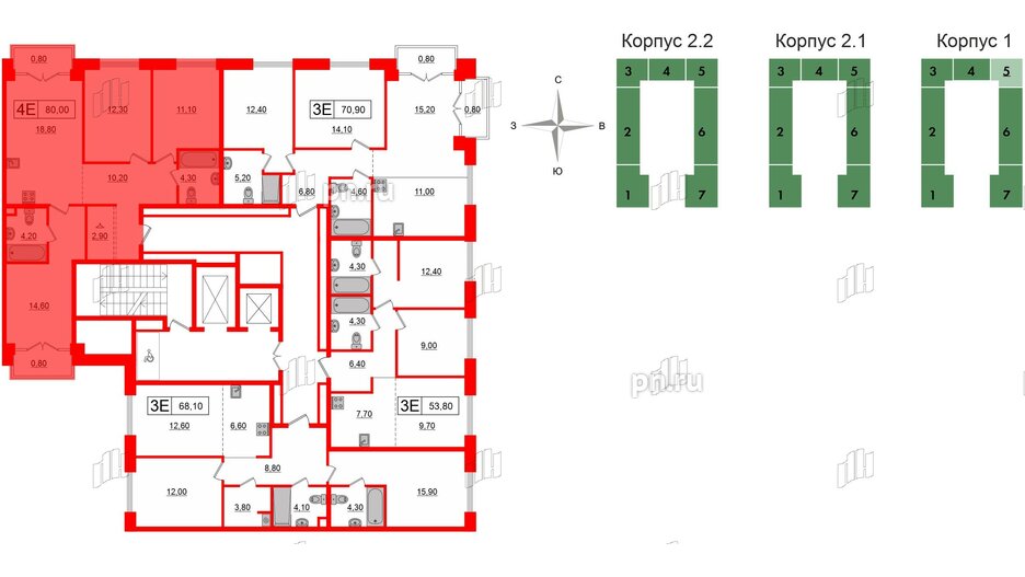 Квартира в ЖК Лермонтовский 54, 3 комнатная, 80 м², 6 этаж