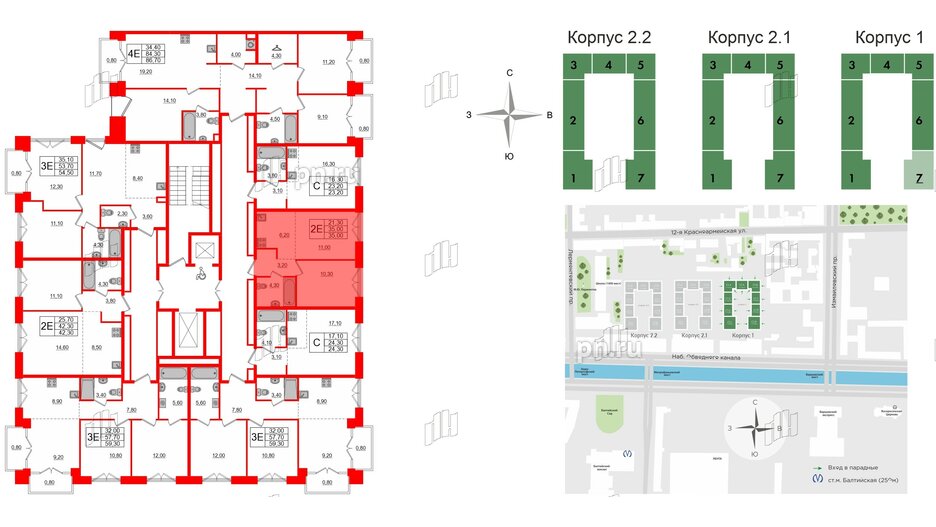 Квартира в ЖК Лермонтовский 54, 1 комнатная, 35 м², 3 этаж