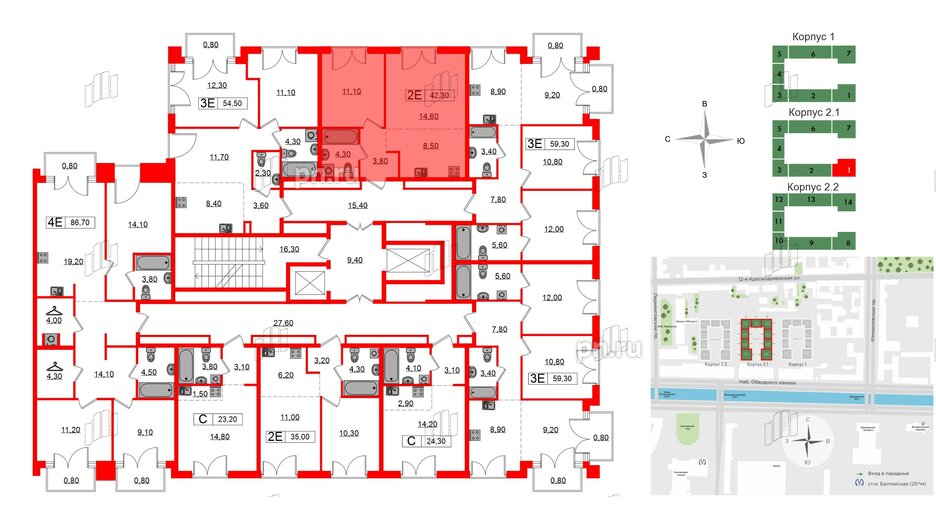 Квартира в ЖК Лермонтовский 54, 1 комнатная, 42.3 м², 2 этаж