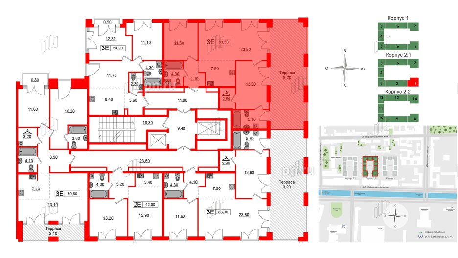 Квартира в ЖК Лермонтовский 54, 2 комнатная, 83.3 м², 7 этаж