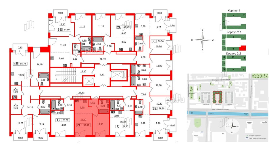 Квартира в ЖК Лермонтовский 54, 1 комнатная, 35 м², 3 этаж