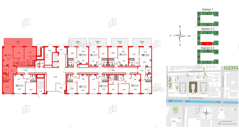 Квартира в ЖК Лермонтовский 54, 3 комнатная, 97.5 м², 1 этаж