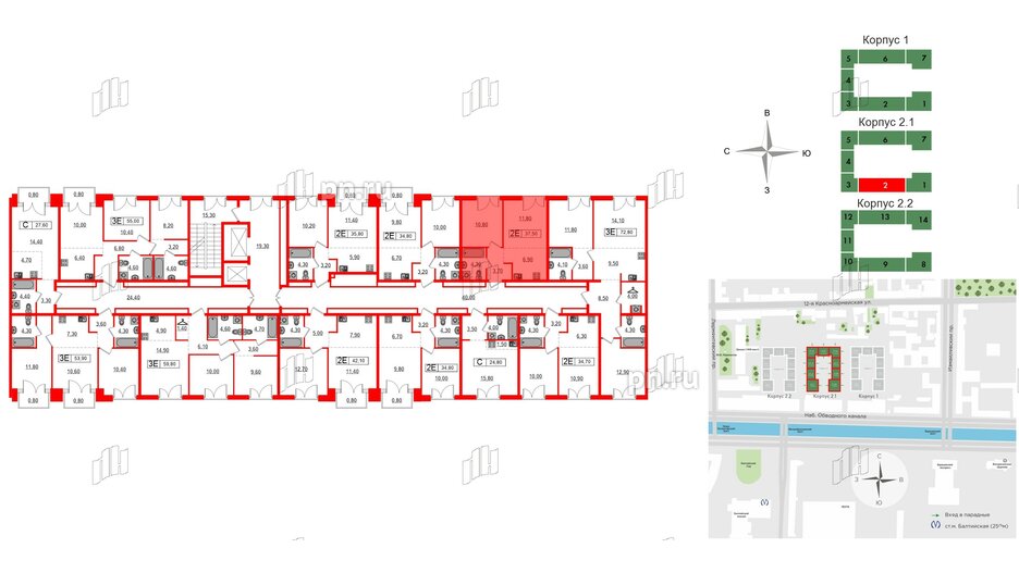 Квартира в ЖК Лермонтовский 54, 1 комнатная, 37.5 м², 4 этаж