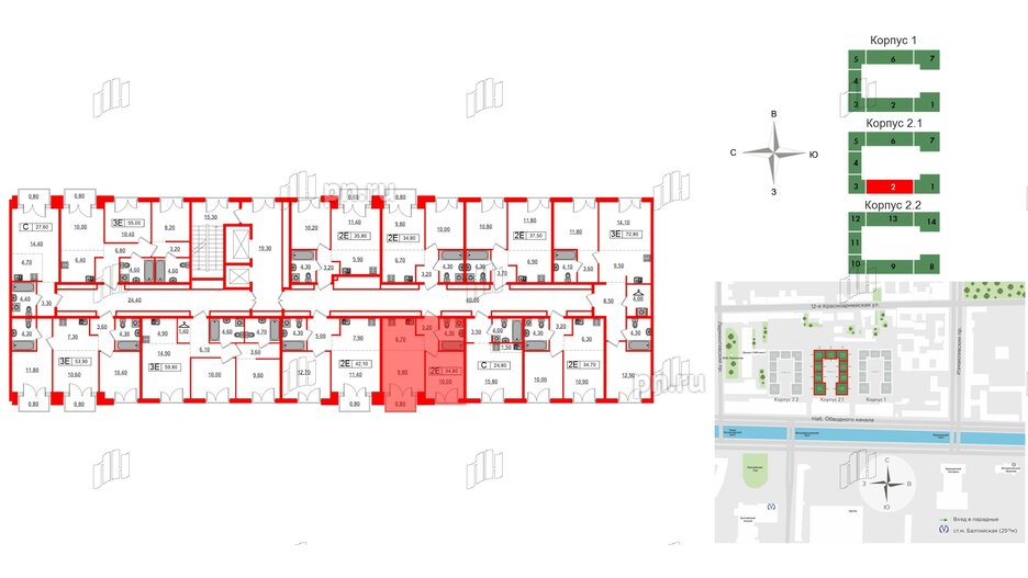 Квартира в ЖК Лермонтовский 54, 1 комнатная, 34.8 м², 3 этаж