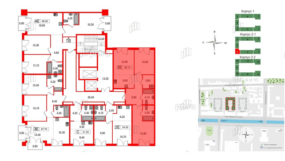 Квартира в ЖК Лермонтовский 54, 2 комнатная, 68.1 м², 7 этаж