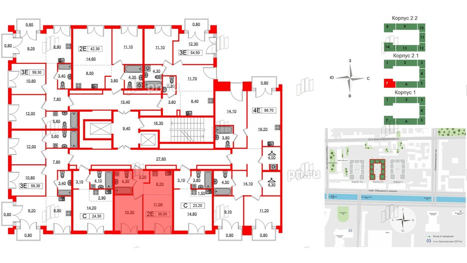 Квартира в ЖК Лермонтовский 54, 1 комнатная, 35 м², 2 этаж